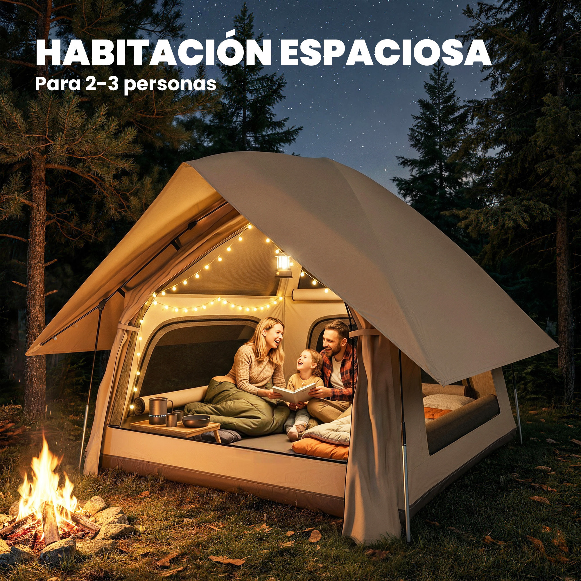 Tienda de Campaña Pop-up para 2-3 Personas, Tienda de Camping Plegable Portátil, Impermeable 3000 mm con 3 Ventanas, 3 Claraboyas, Base, Bolsa Transporte para Senderismo 235x235x184 cm, Caqui
