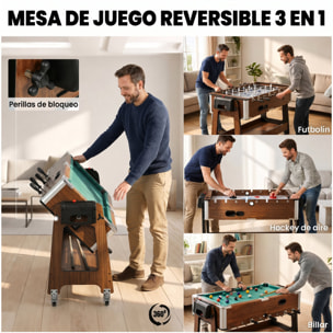Mesa Multijuegos 3 en 1, Mesa de Juegos con 4 Ruedas con Freno, Estante de Almacenaje, Futbolines para Niños, Air Hockey, Billar y Accesorios, Diversión Familiar para Adultos y Niños, Nogal