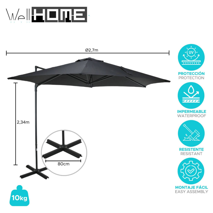 Well home - sombrilla colgante push up de ø270cm en color antracita con base de acero cruzado