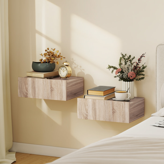 Set de 2 Mesillas de Noche de Pared, Mesitas de Noche Flotantes con 1 Cajón, Mesas Auxiliares para Dormitorio, Habitación Hogar, Diseño Sencillo, 40x30x15 cm, Roble
