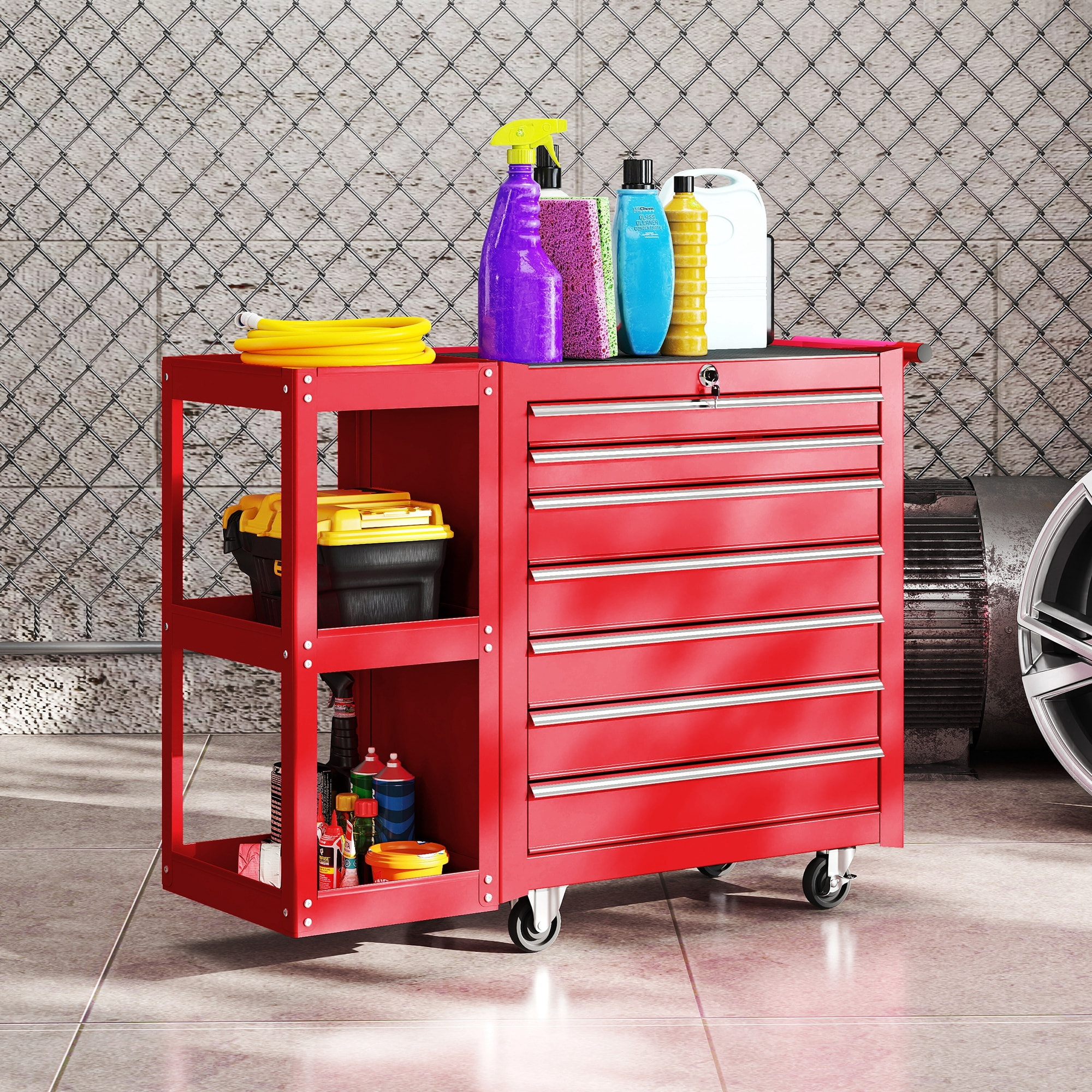 Carro de Herramientas con 7 Cajones, Carro de Taller con Estantería de 3 Niveles Desmontable, Sistema de Cierre Central, Asa, 2 Ruedas con Freno de Bloqueo, Rojo