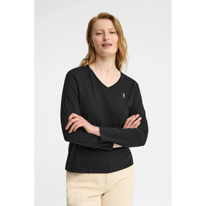 Camiseta negra de manga larga y cuello pico con bordado Rigby Go