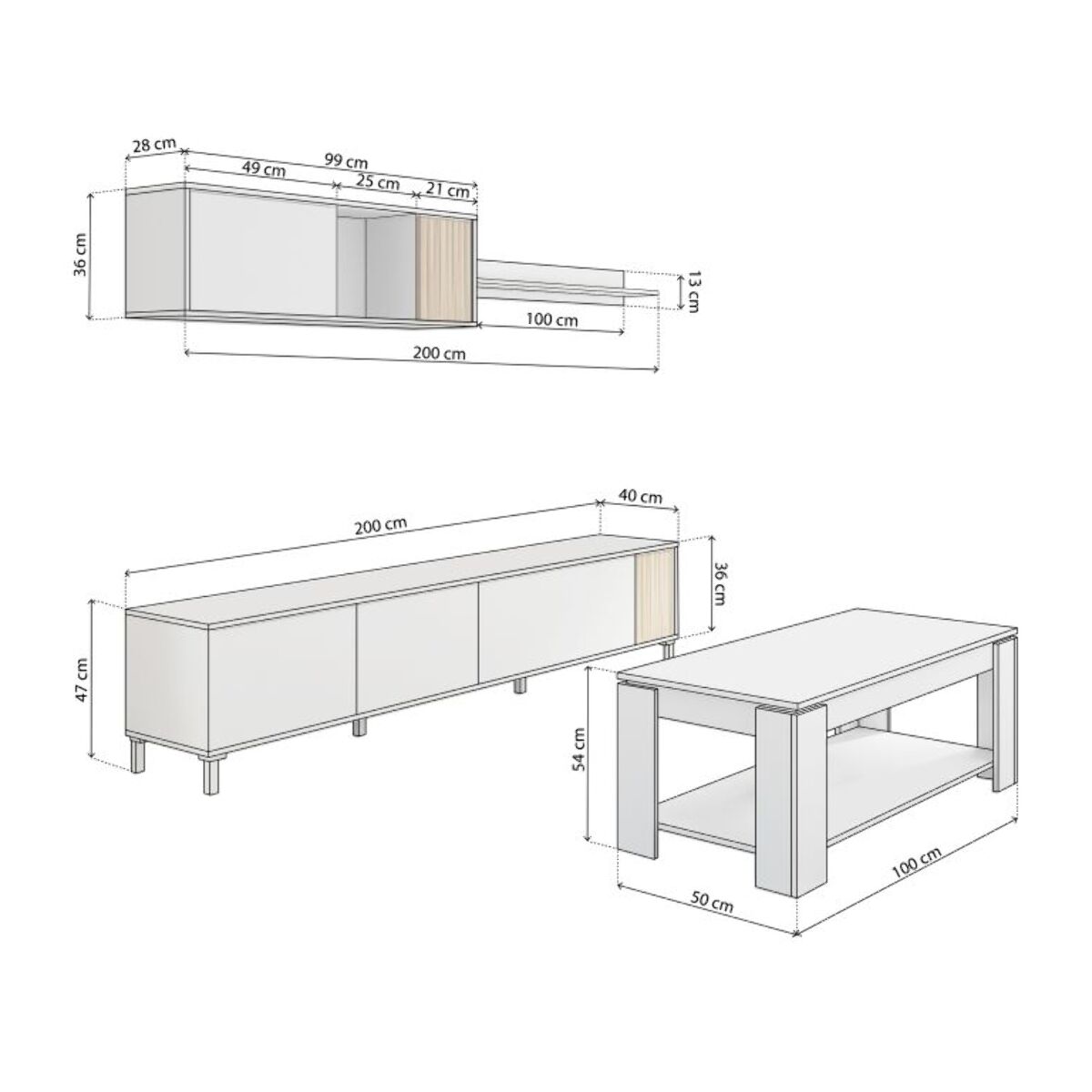 Pack salón con mesa de centro Nitza Plus V1 Blanco Artik (Blanco Mate) - Natur