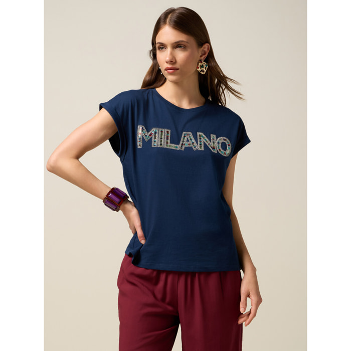 Oltre - Camiseta de punto jersey con bordado de letras - Azul