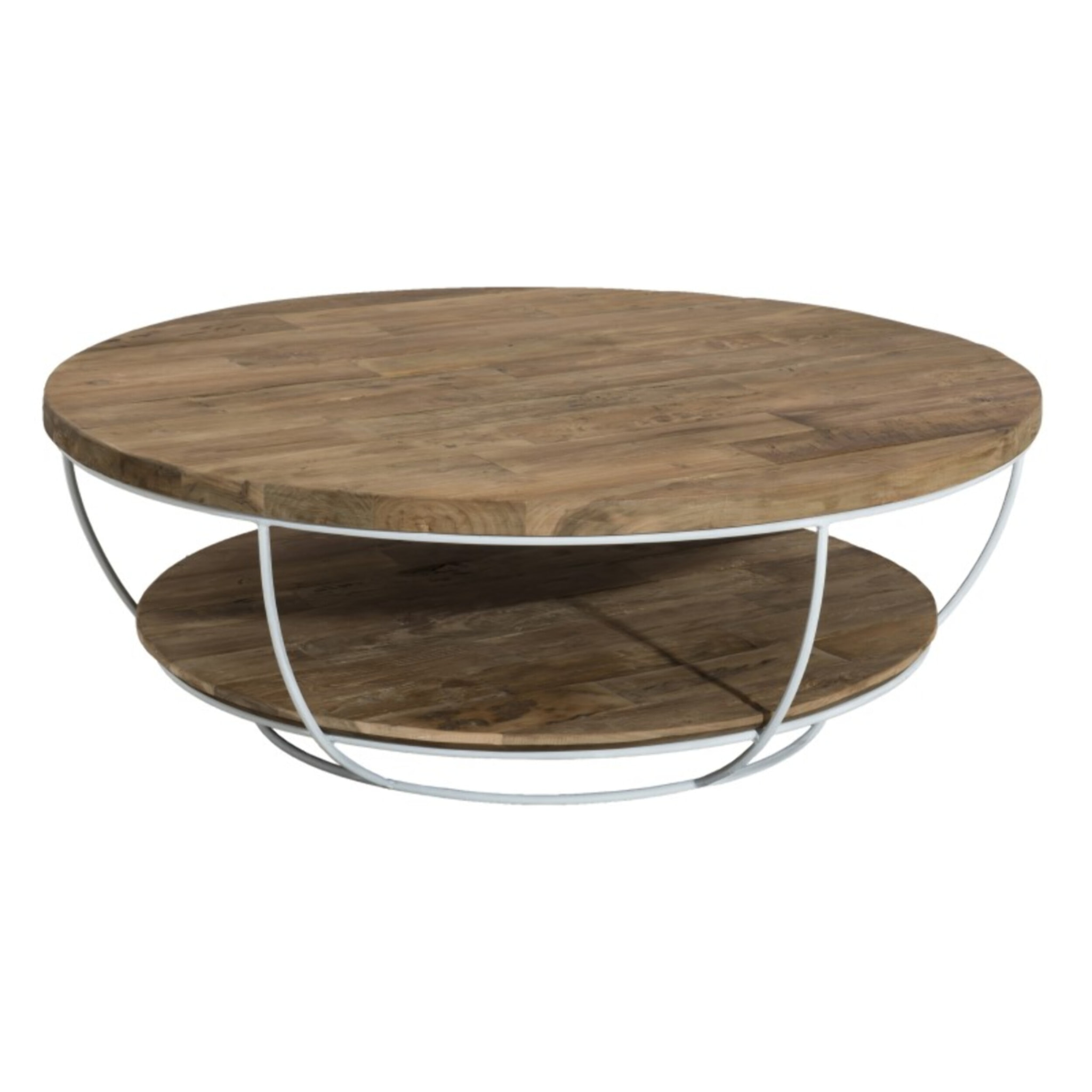 SIXTINE - Table basse coque ronde 100x100cm double plateau teck recyclé métal blanc
