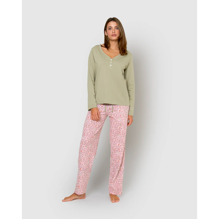 Pigiama lungo in cotone con scollo a v, verde, stile nidila