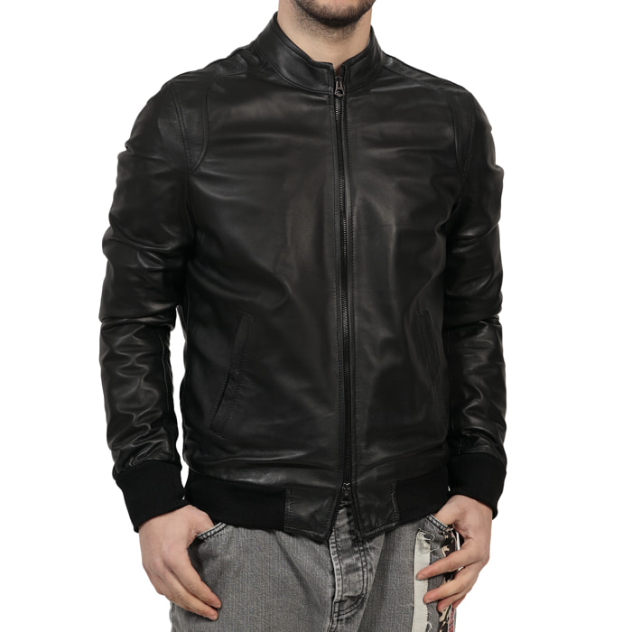 Giubbino in vera pelle di vitello Nero-Slim Fit