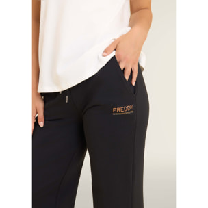 Pantaloni wide leg da donna con logo in strass bicolore