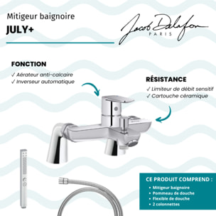 Mitigeur baignoire July+ + pommeau de douche Shift+ carré + flexible de douche métal + colonnettes