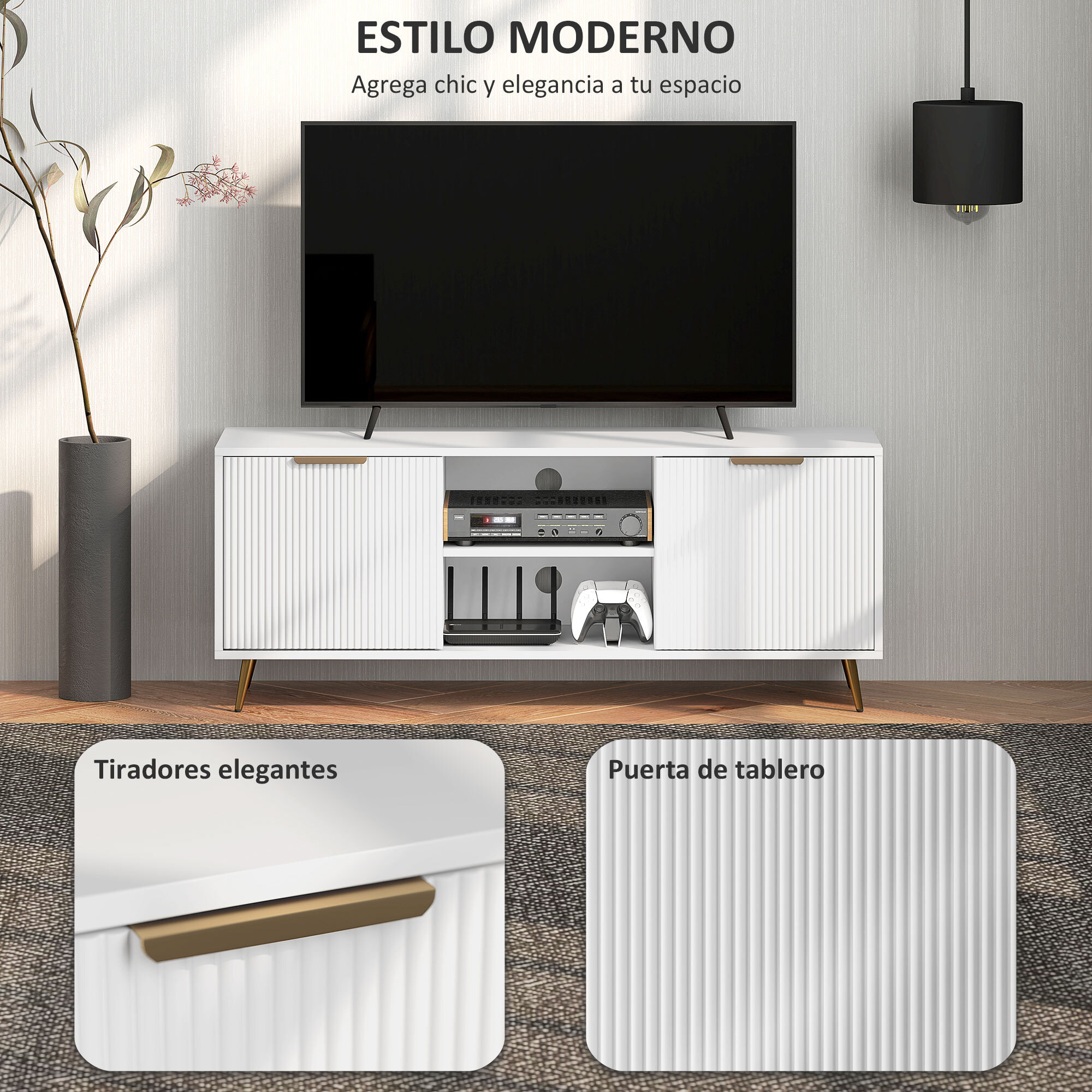 Mueble de TV Moderno Mueble de TV para Salón con 2 Compartimentos Abiertos y 2 Puertas Mueble para Televisión de 55 Pulgadas 120x35x48 cm Blanco