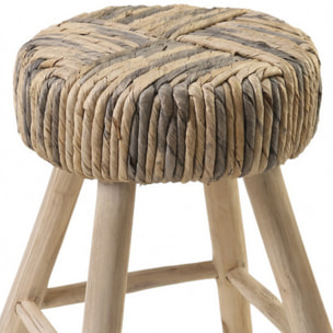 Tabouret en bois de teck avec tressage noir en abaca - SURYA