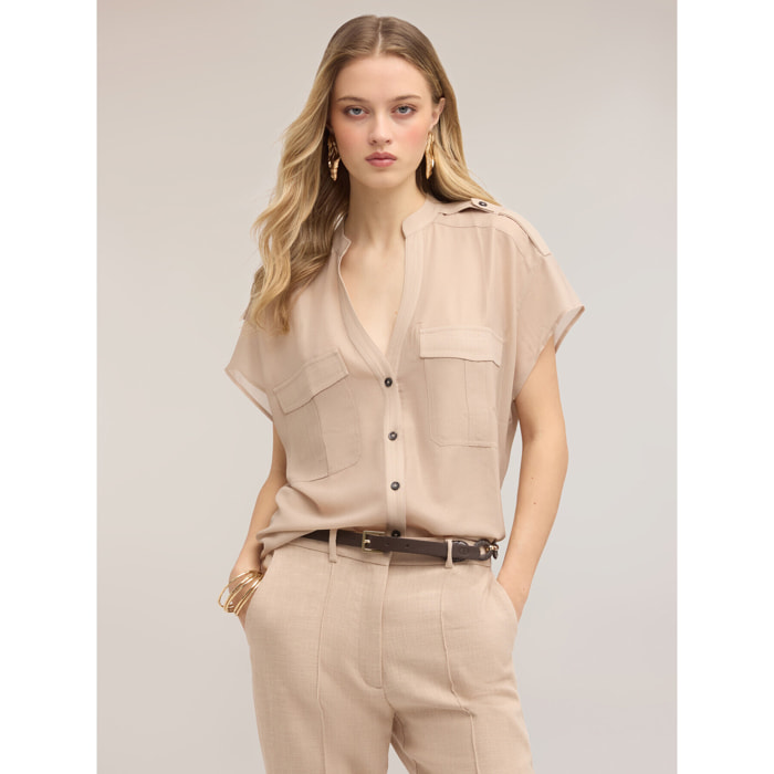 Motivi - Camicia in georgette laminata con tasche - Beige
