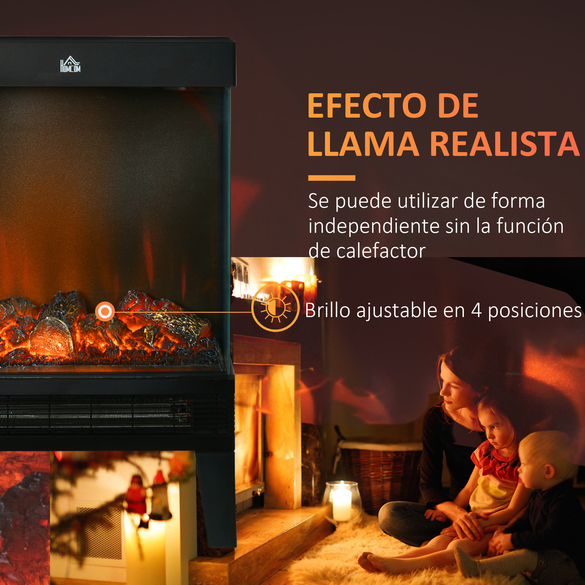 Chimenea Eléctrica 1000W/2000W con Llama LED Ajustable Termostato 40,5x20x62 cm