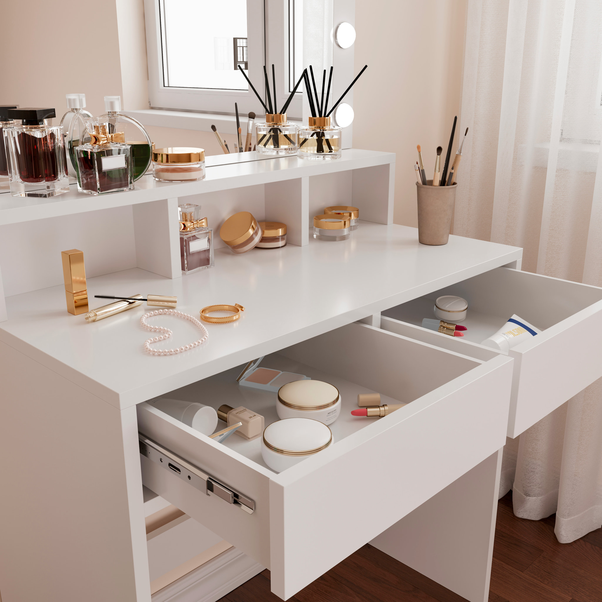 Toeletta Tavolino Da Trucco Tavolo Con 9 Luci LED Con Luminosità Regolabile 2 Cassetti 3 Scomparti A Giorno Specchio Make Up 40x80x140 Cm Bianco