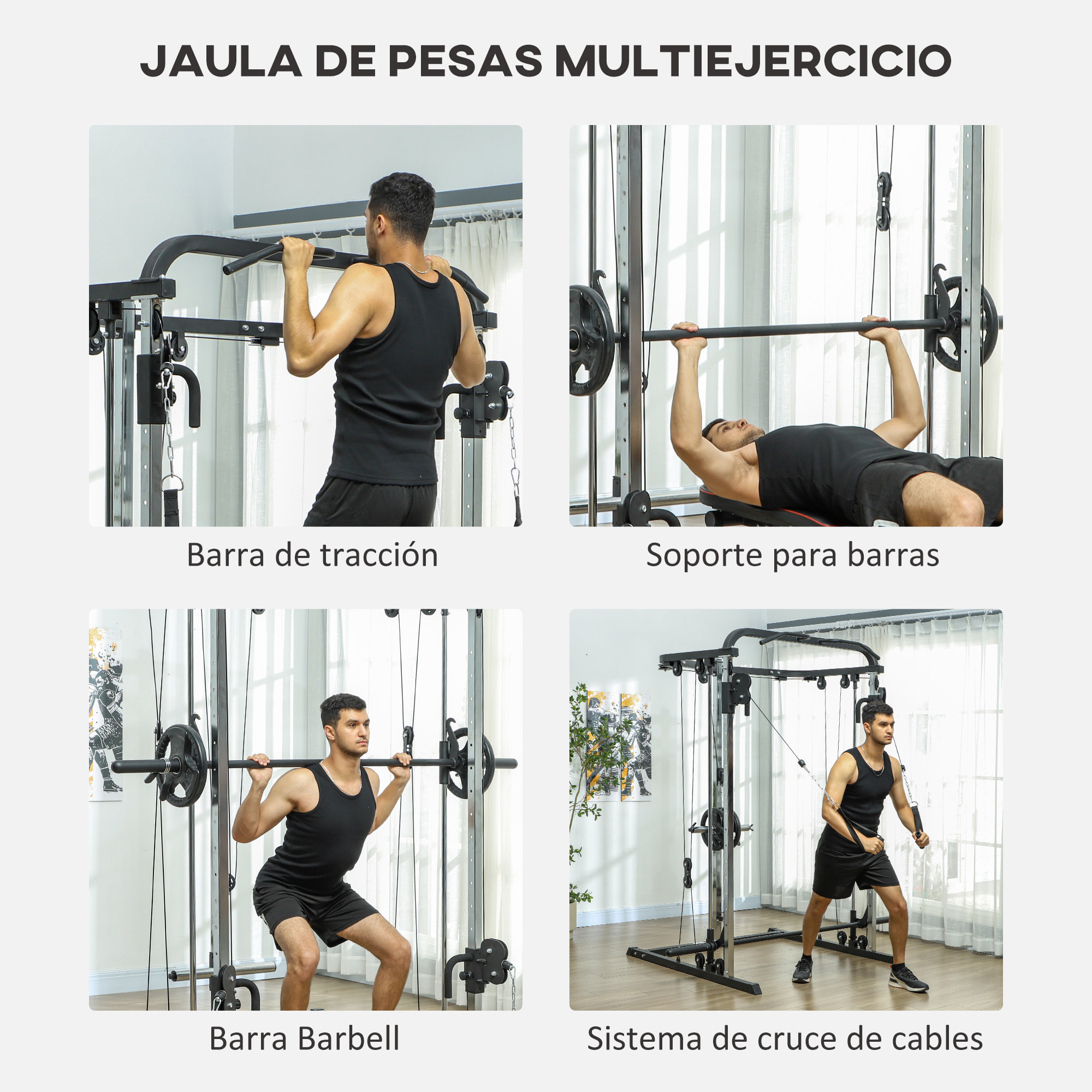 Smith Machine Multiestación de Musculación Máquina Multifunción de Musculación con Soporte para Sentadillas y Barra para Pesas para Entrenamiento Fitness en Hogar Negro