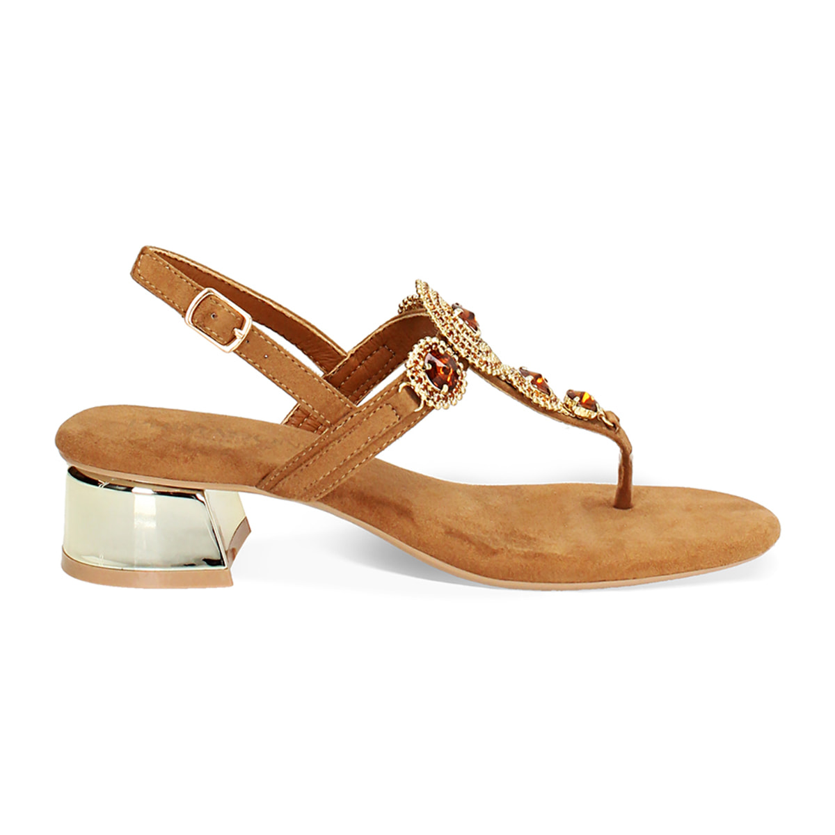 Sandalo con tacco basso donna cognac in microfibra