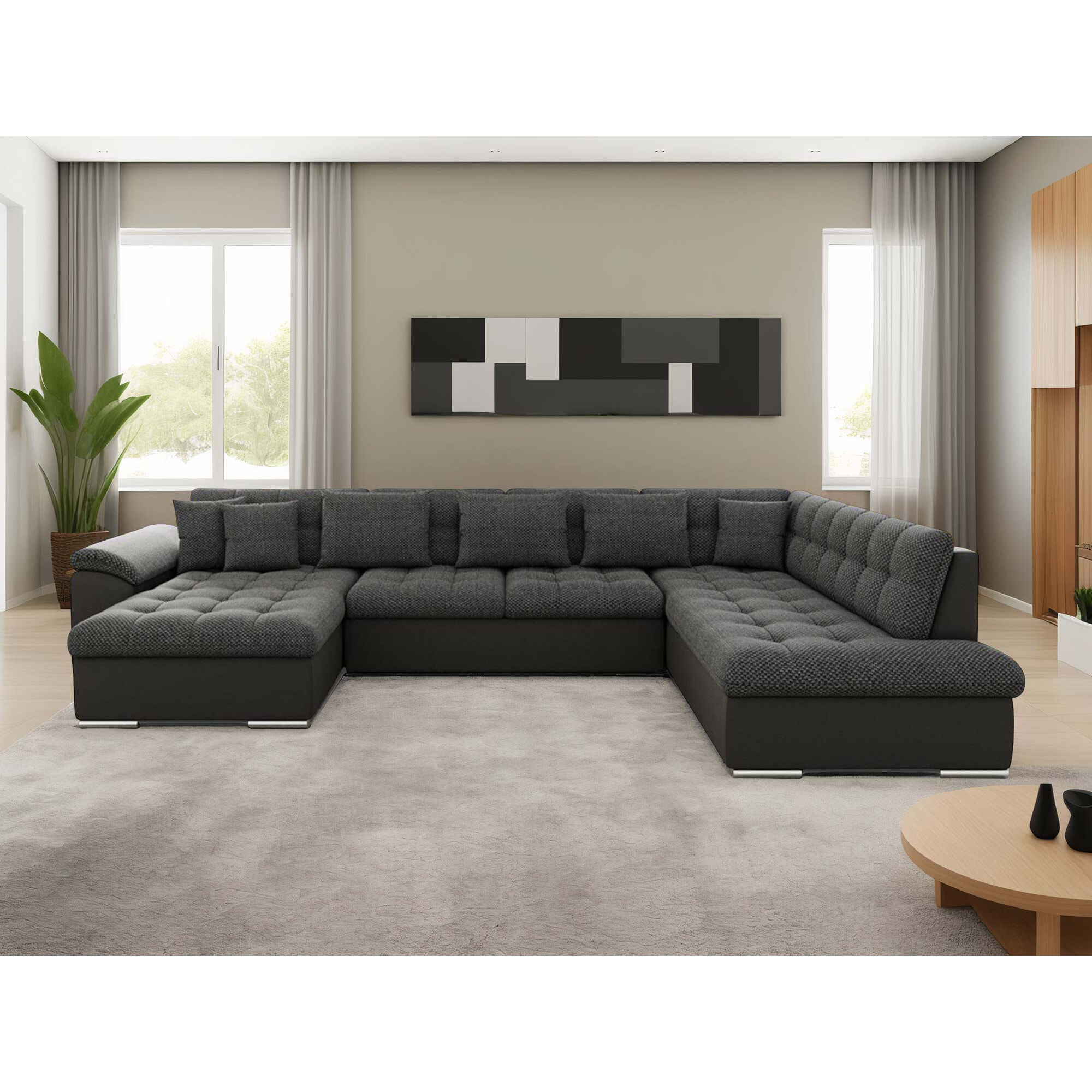 Chuck - canapé panoramique d'angle droit XXL - convertible avec coffre - 7 places - Noir / Gris