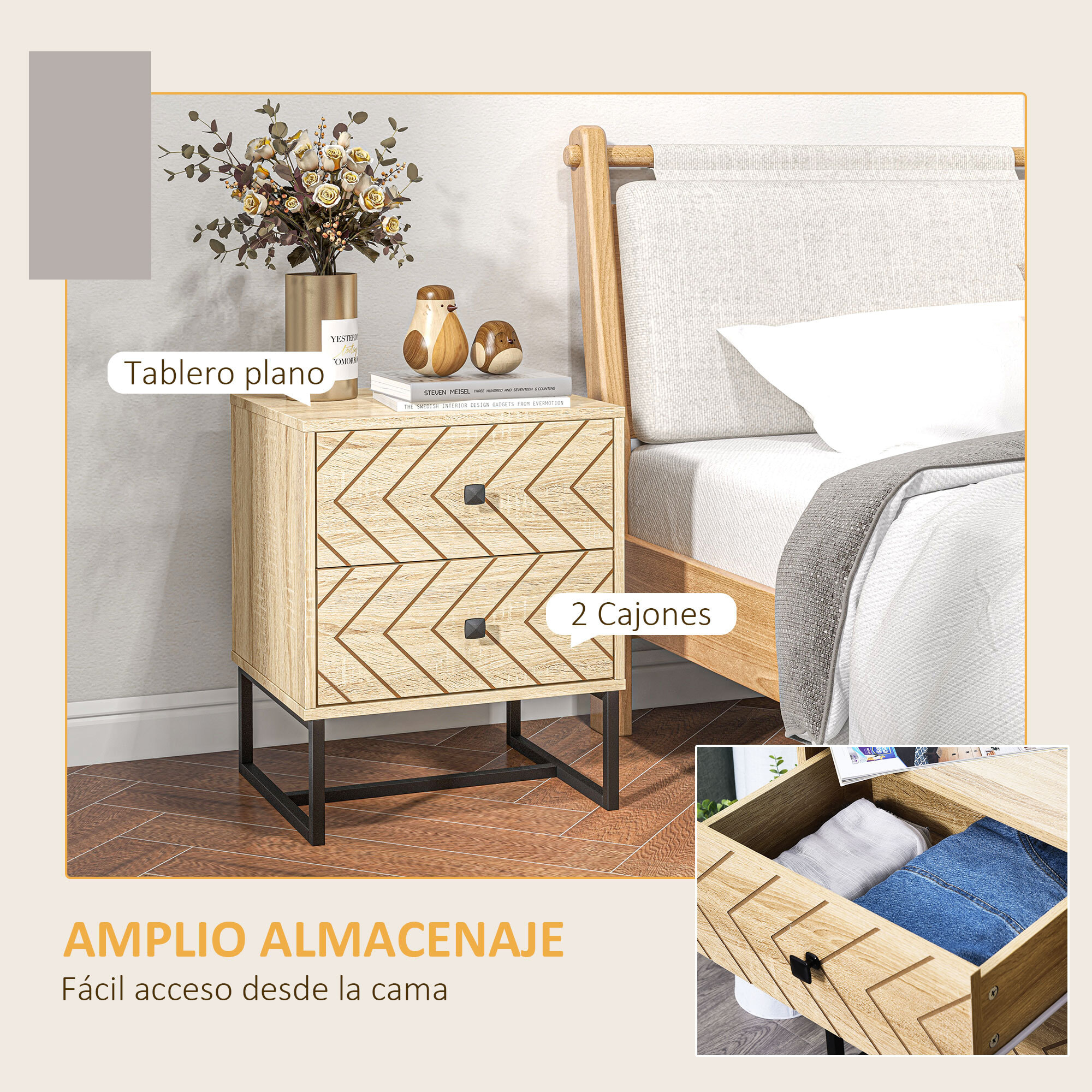 Conjunto de 2 Mesitas de Noche Mesillas de Noche con 2 Cajones y Patas de Metal Estilo Moderno para Dormitorio Salón Oficina 48x39,5x60 cm Natural