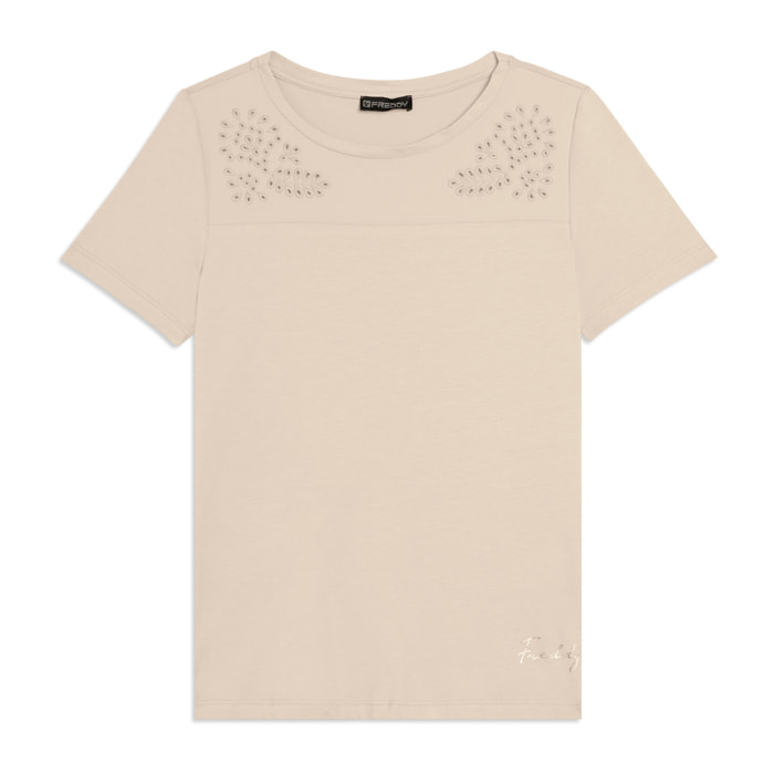 T-shirt in Jersey con Ricami Floreali