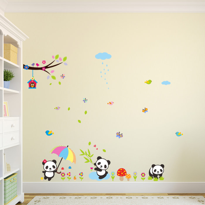 Stickers Muraux décoration adhésifs bébés pandas jouant sous la pluie