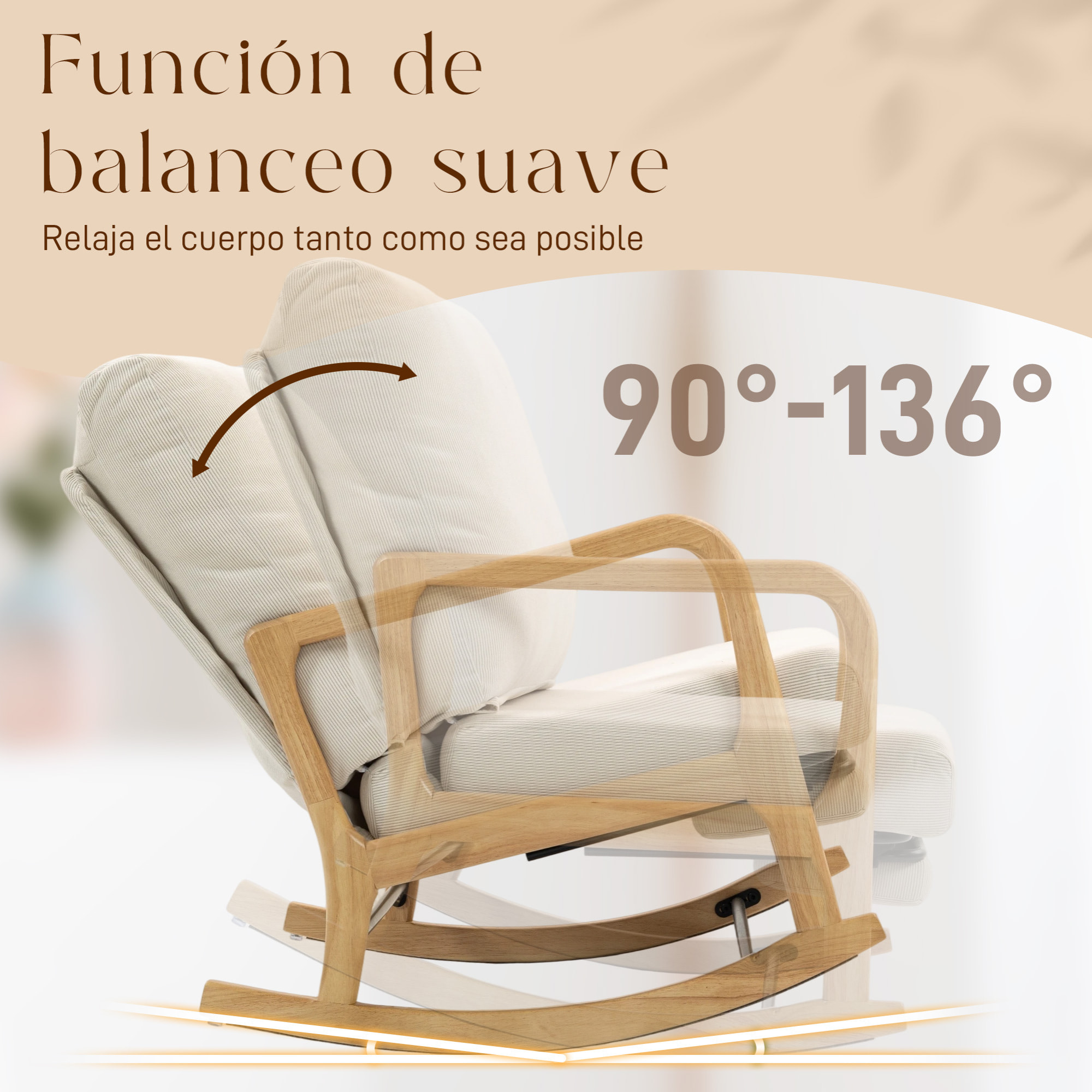 Silla Mecedora con Reposapiés, Respaldo Ajustable, Mecedora de Pana Nórdica, Patas de Madera, Reposabrazos, Cojín Lumbar, Sillón para Lactancia, Carga 120 kg, para Dormitorio, Salón, Crema