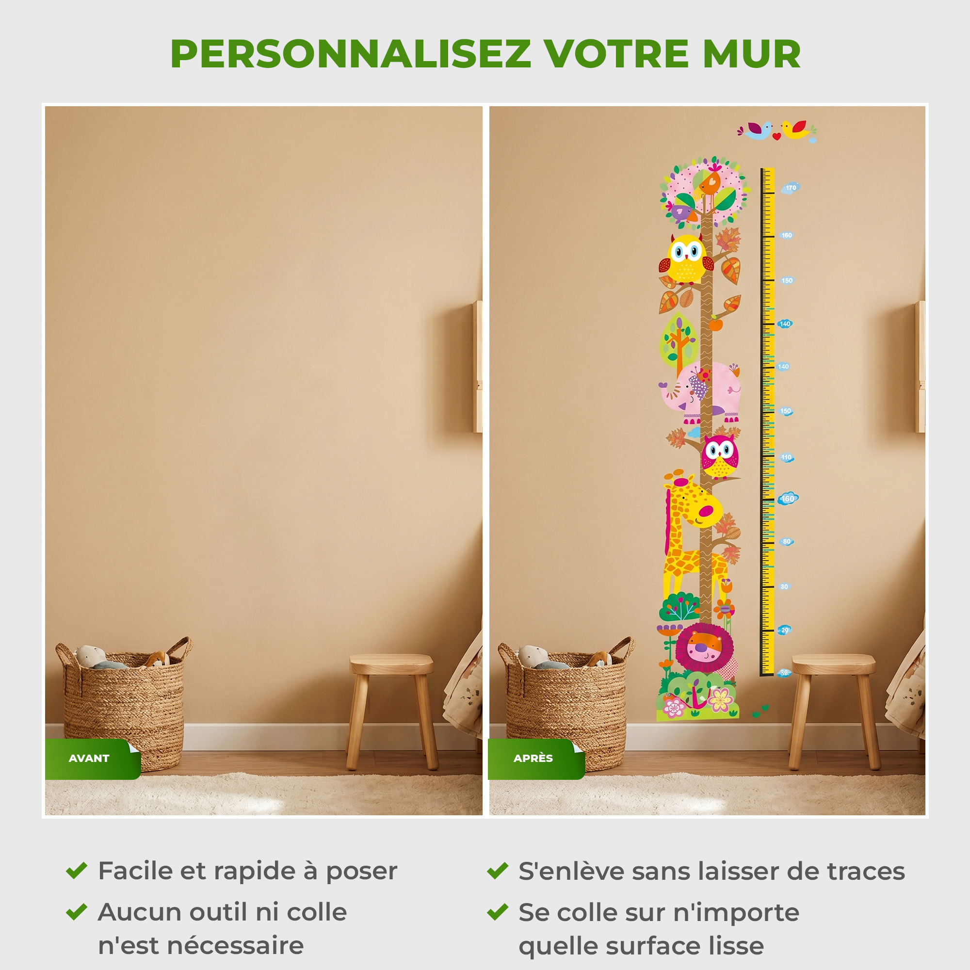 Stickers Muraux décoration adhésifs toise hiboux et girafe