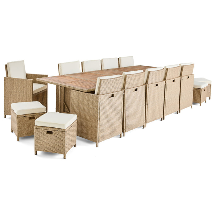 Cuba – salon de jardin encastrable en résine tressé beige - 14 places - coussins beige + housse de protection - Beige