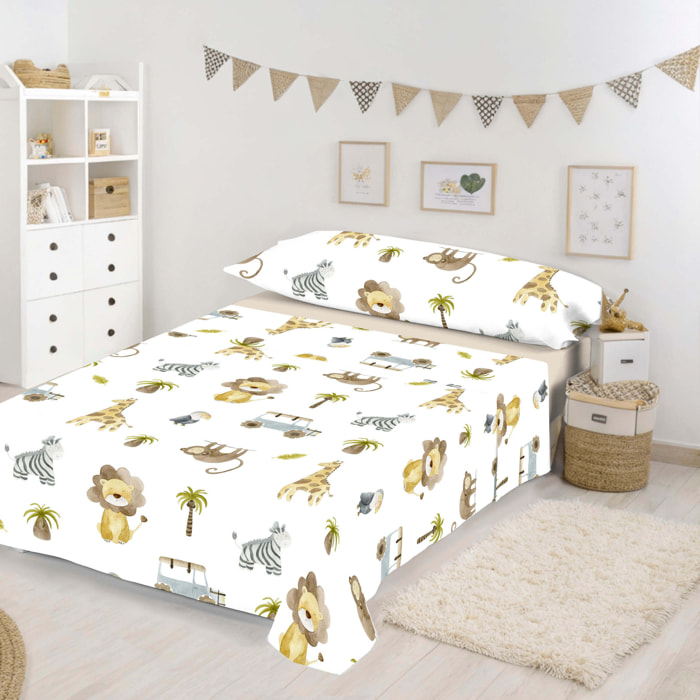 Cool Kids - Juego de Sábanas Estampadas - Infantil - Incluye 1 Funda de Almohada + 1 Sábana Bajera - 100% Algodón - Serengeti