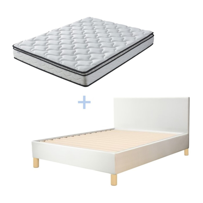 Ensemble Lit avec tête de lit & matelas | Mémoire de forme avec surmatelas intégré | Cadre à lattes | Simili cuir | Blanc