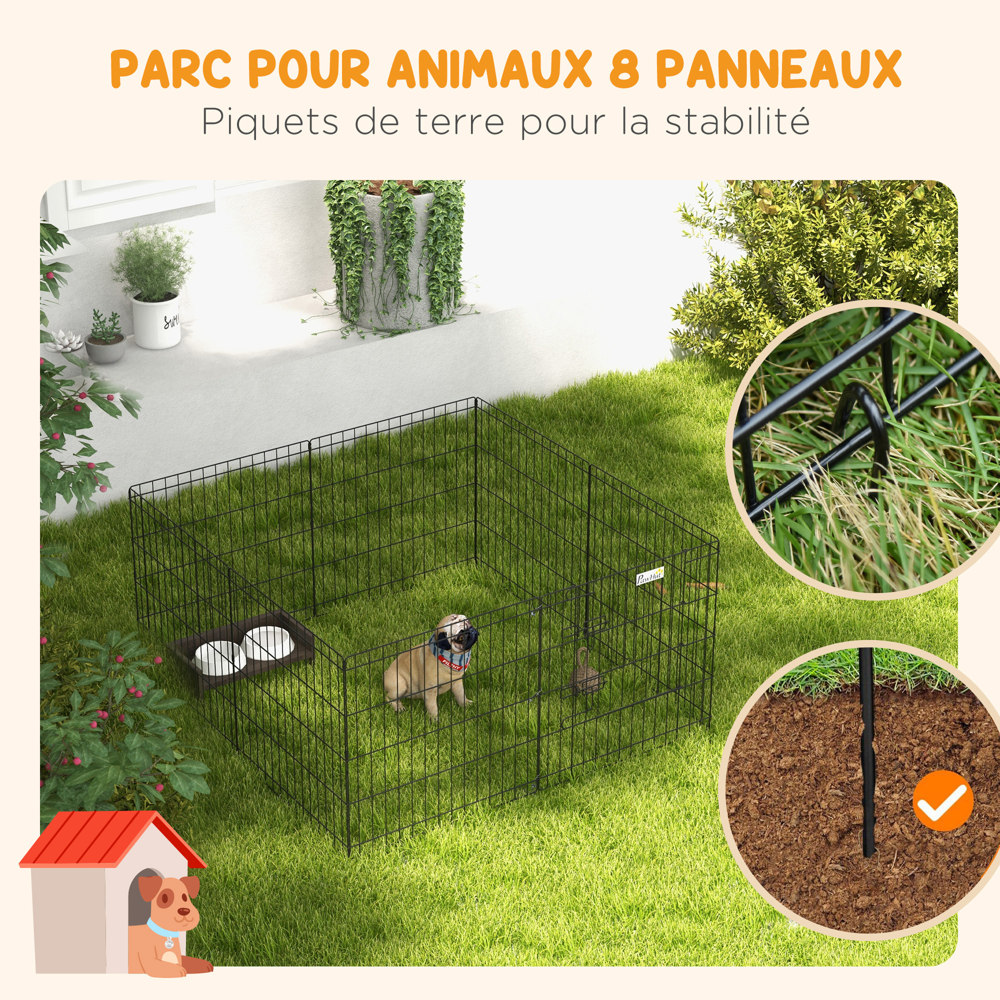 Parc enclos modulable pour chien animaux porte verrouillable 8 panneaux dim. panneau 61L x 61H cm métal noir