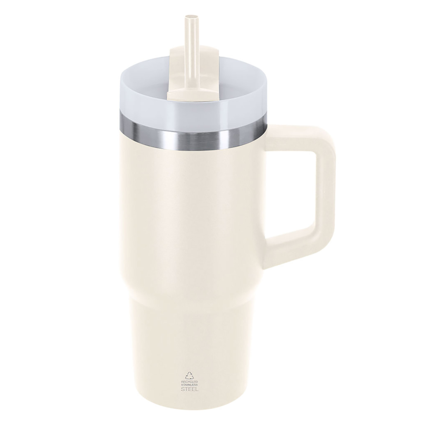 Tazza termica in Acciaio Inox Riciclato a doppia parete e capacità di 450 ml. Con coperchio a chiusura a pressione con foro per bere e coperchio scorrevole per cannuccia.