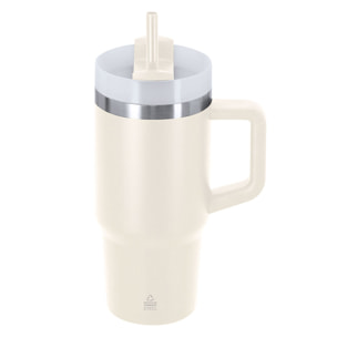 Tazza termica in Acciaio Inox Riciclato a doppia parete e capacità di 450 ml. Con coperchio a chiusura a pressione con foro per bere e coperchio scorrevole per cannuccia.