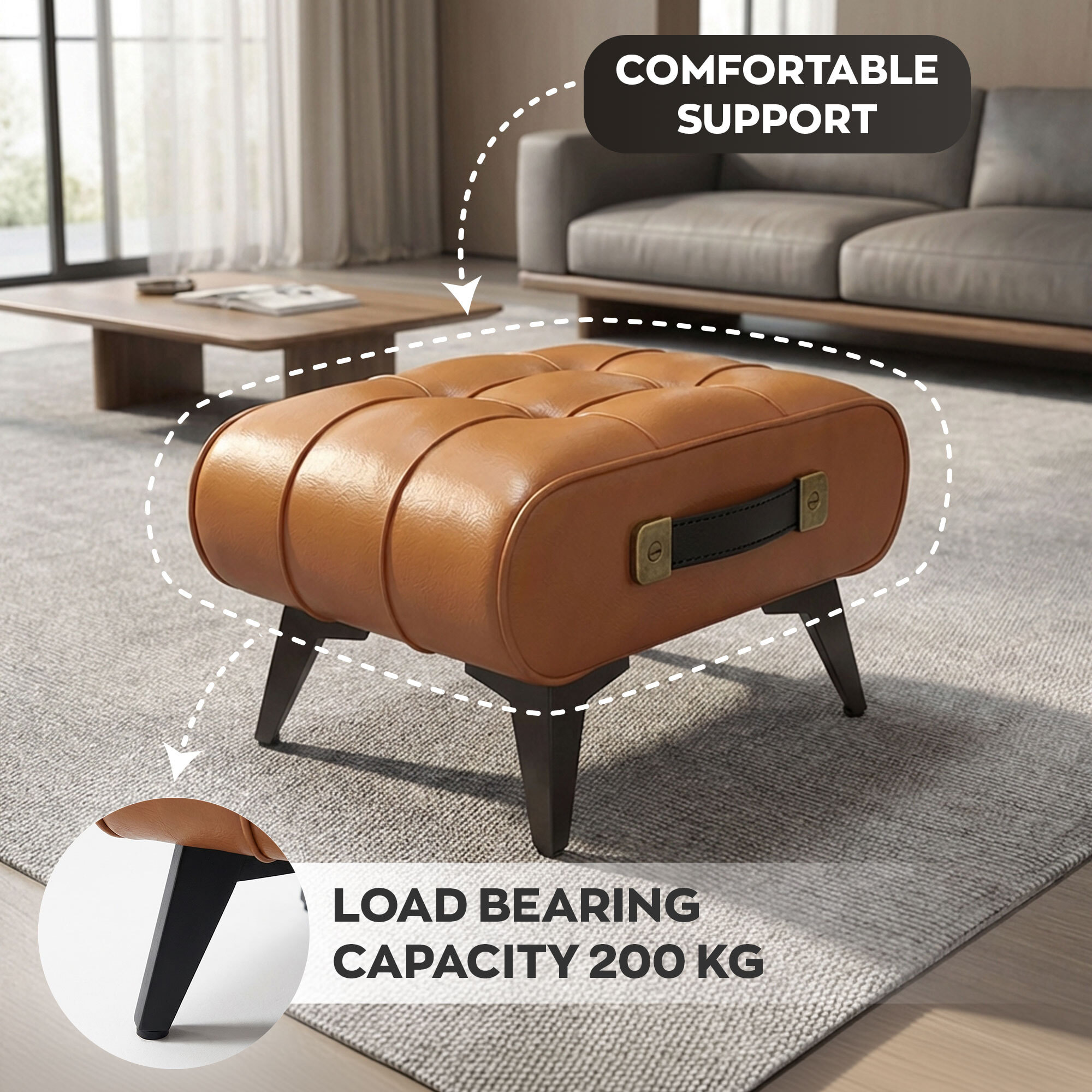 Kumo - Sgabello Pouf Ottomano Moderno 35,5x25x30 cm Poggiapiedi in Similpelle Cuoio