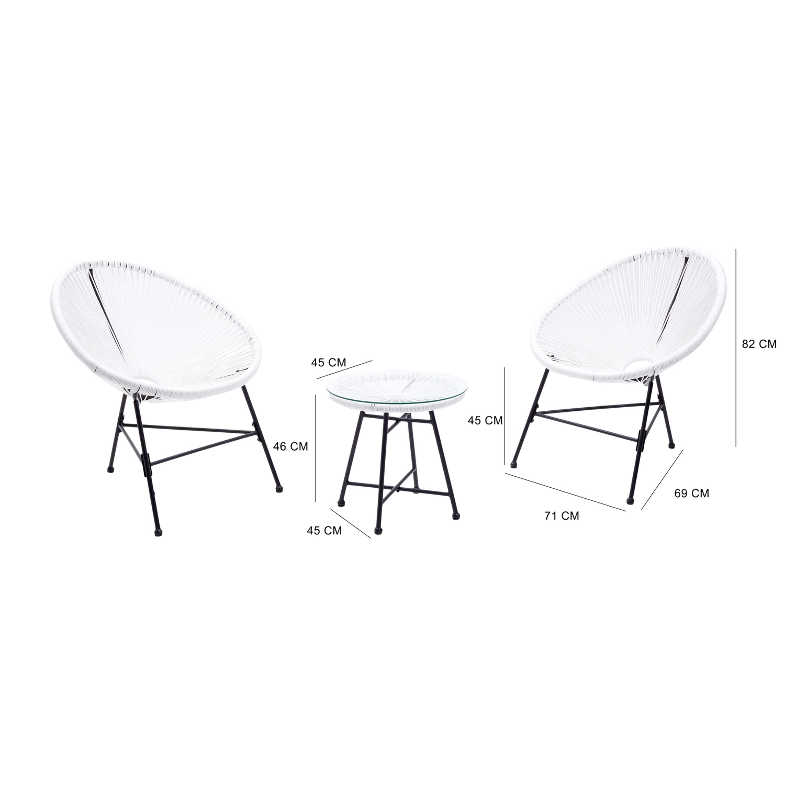 Salon de jardin 2 fauteuils ronds et table basse blanc LIO