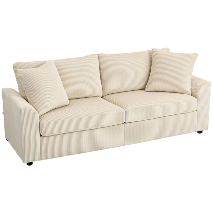 Sofá de 3 Plazas Sofá de Salón 212x80x88 cm Tapizado en Pana con 2 Almohadas Reposabrazos y Cojín de Muelles Diseño Moderno para Sala de Estar Dormitorio Crema