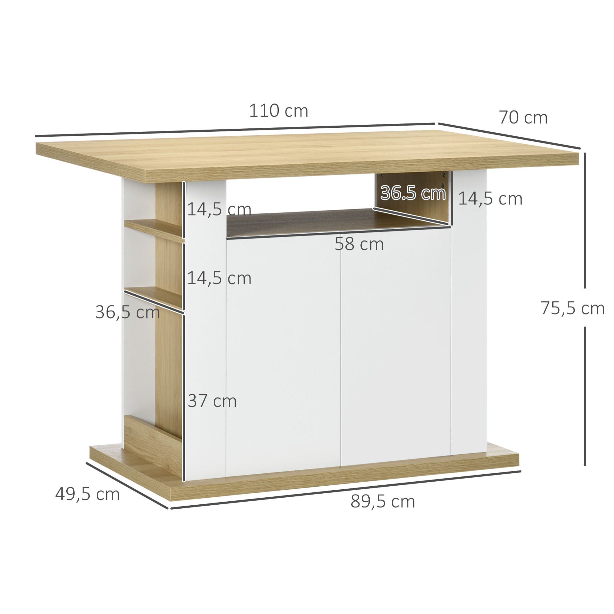 Isla de Cocina, para 4-6 Personas, Mueble de Cocina con 4 Puertas, Compartimentos Abiertos, Estante Ajustable, 110x70x75,5 cm, Roble y Blanco