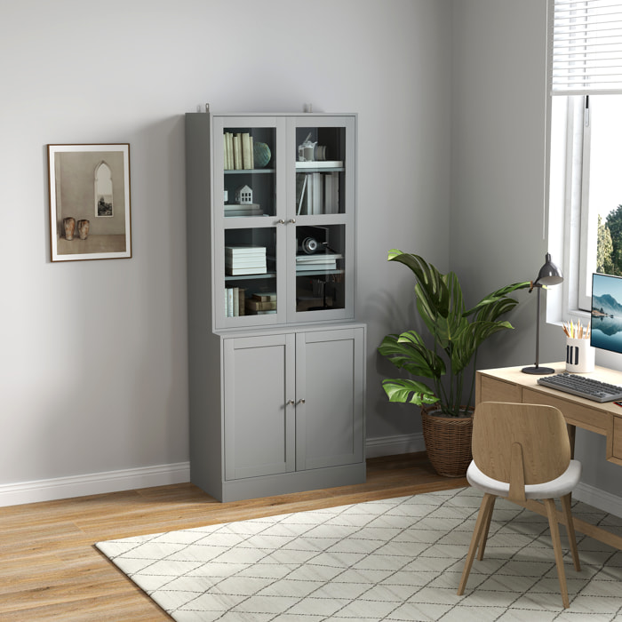 Bibliothèque vitrine multi-rangement - 2 portes verre, 2 portes bois, 4 étagères réglables - MDF gris