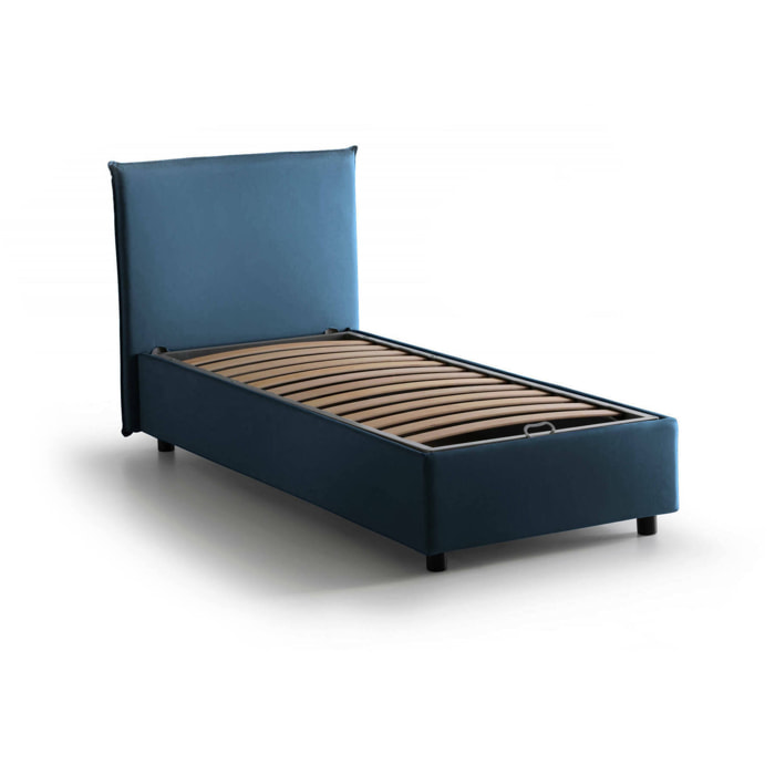 Letto singolo Shana, Letto contenitore con rivestimento in tessuto, 100% Made in Italy, Apertura frontale, adatto per materasso Cm 80x200, Blu