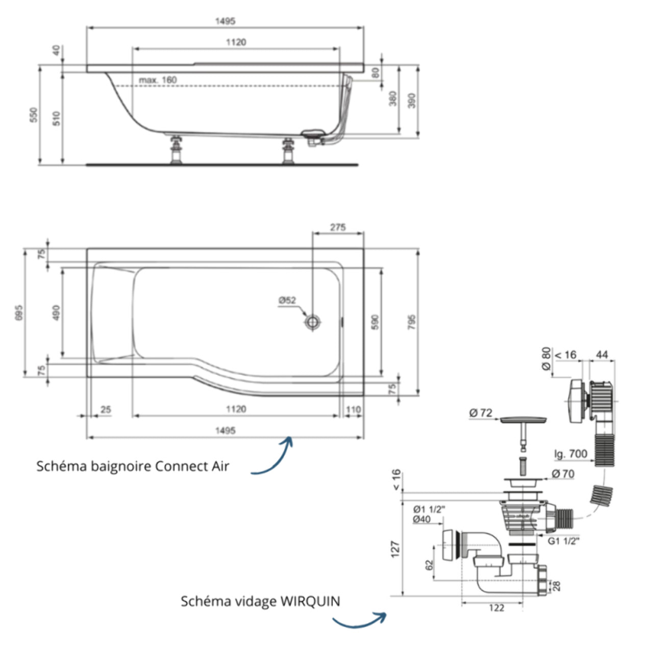 Baignoire bain douche 150 x 80 cm droite Connect Air + vidage Doré