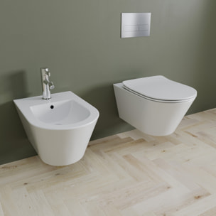 Coppia Sanitari Sospesi Vaso WC Rimless Con Tornado Flush E Bidet Sospeso Moderno Tondo In Ceramica Con Copriwater Chiusura Soft Close Bianco Lucido