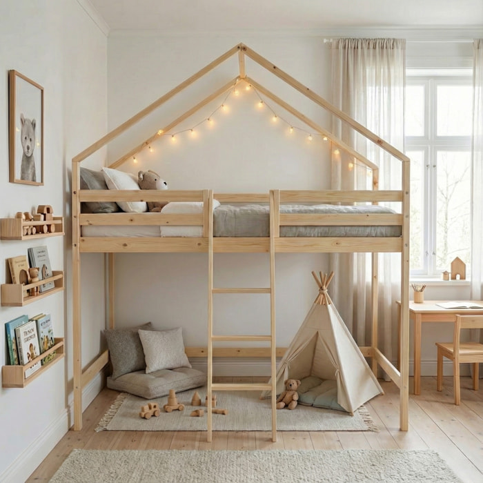 Lit enfant mezzanine cabane 90 x 190 cm pin naturel ROYA
