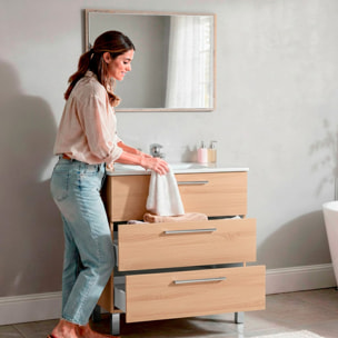 Mobile Bagno A Terra Con 3 Cassetti Lavabo In Ceramica E Specchio 77 x 50 Cm Inclusi Design Moderno Salvaspazio 80 x 45 x 86 Cm Colore Rovere Chiaro