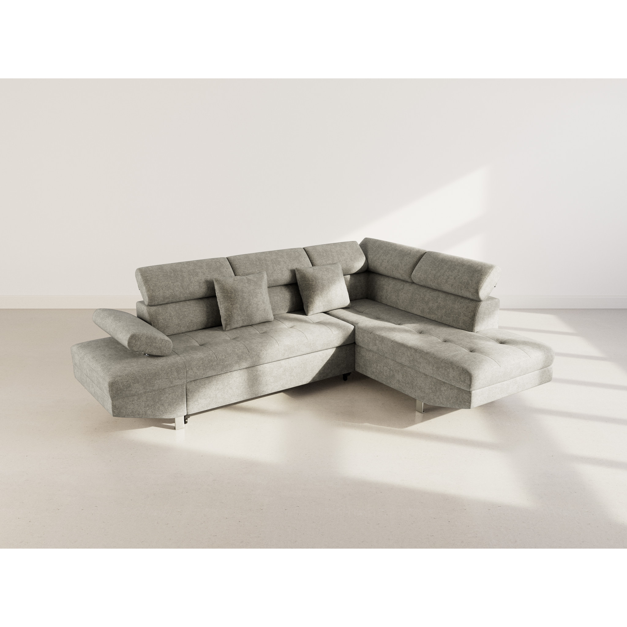 Margaux - Canapé d'angle droit 5 places convertible avec coffre et têtières réglables en velours texturé - Vert