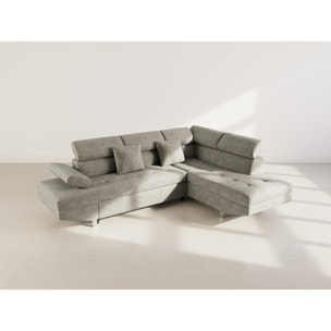 Margaux - Canapé d'angle droit 5 places convertible avec coffre et têtières réglables en velours texturé - Vert