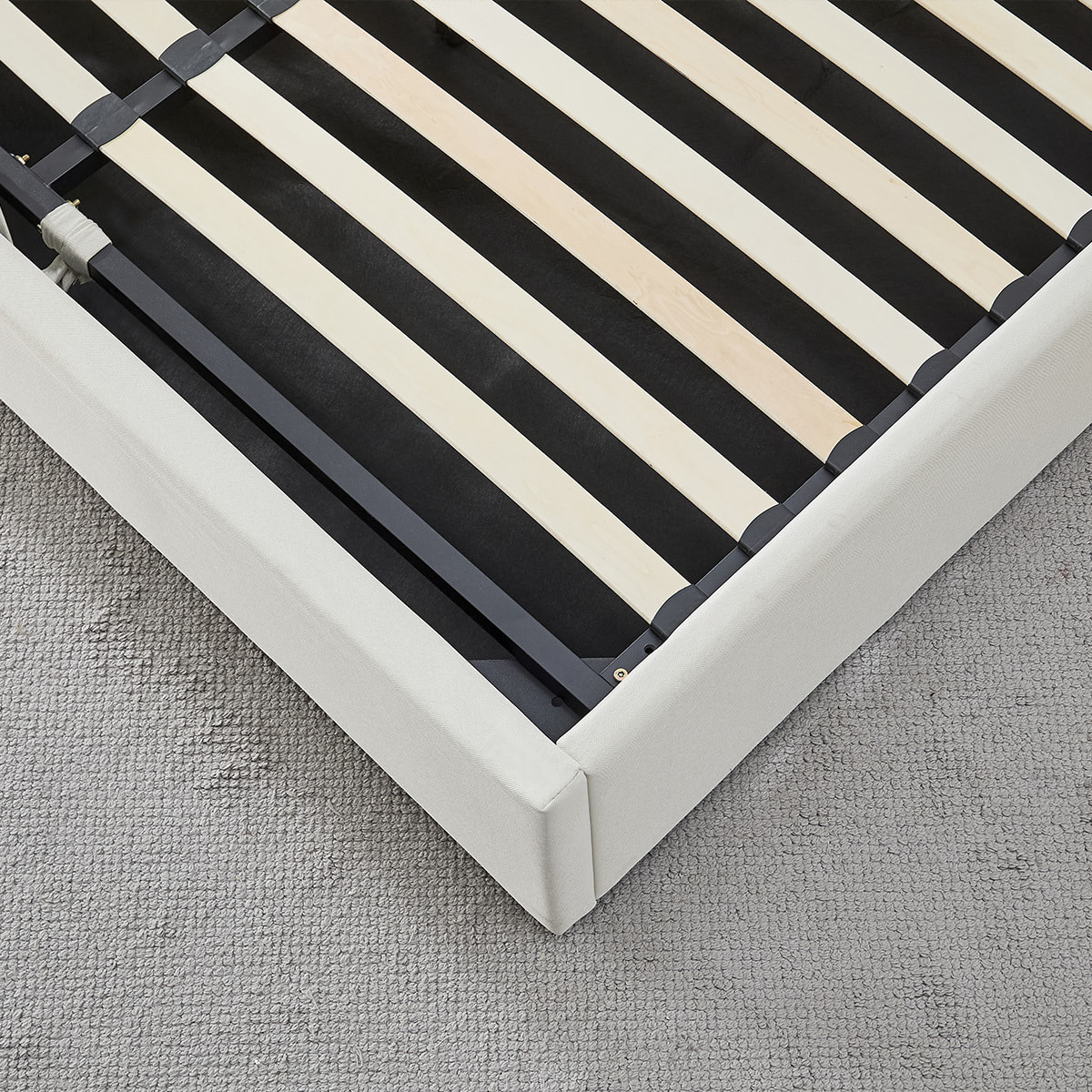 Lit Coffre Atlas en Tissu Beige, Grand espace de rangement, Sommier à Lattes actives, Structure Robuste, Design Moderne
