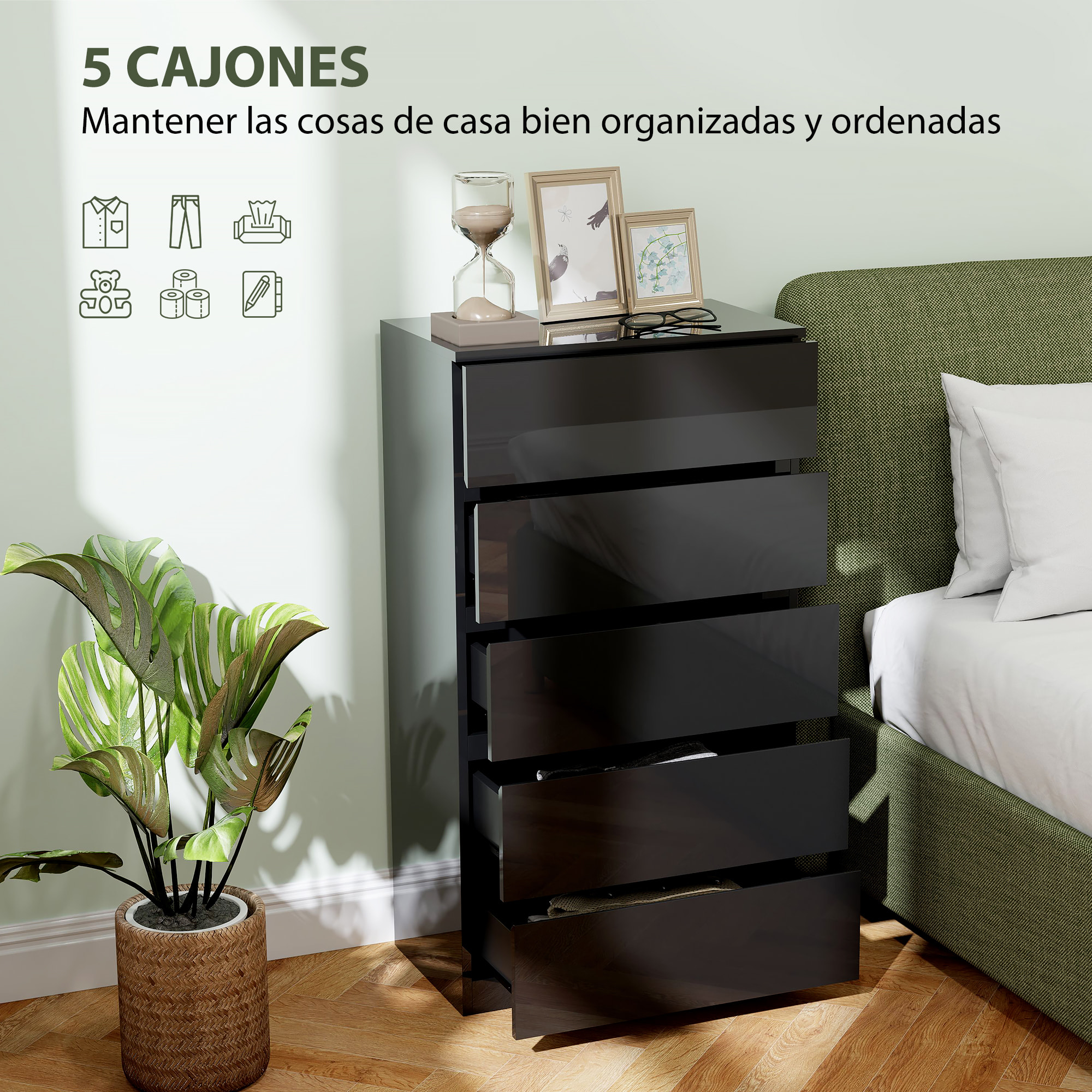 Cómoda con 5 Cajones Cómoda de Dormitorio Moderna con Diseño Anti-vuelco Cajonera para Salón Pasillo 55x34x100 cm Negro Brillo