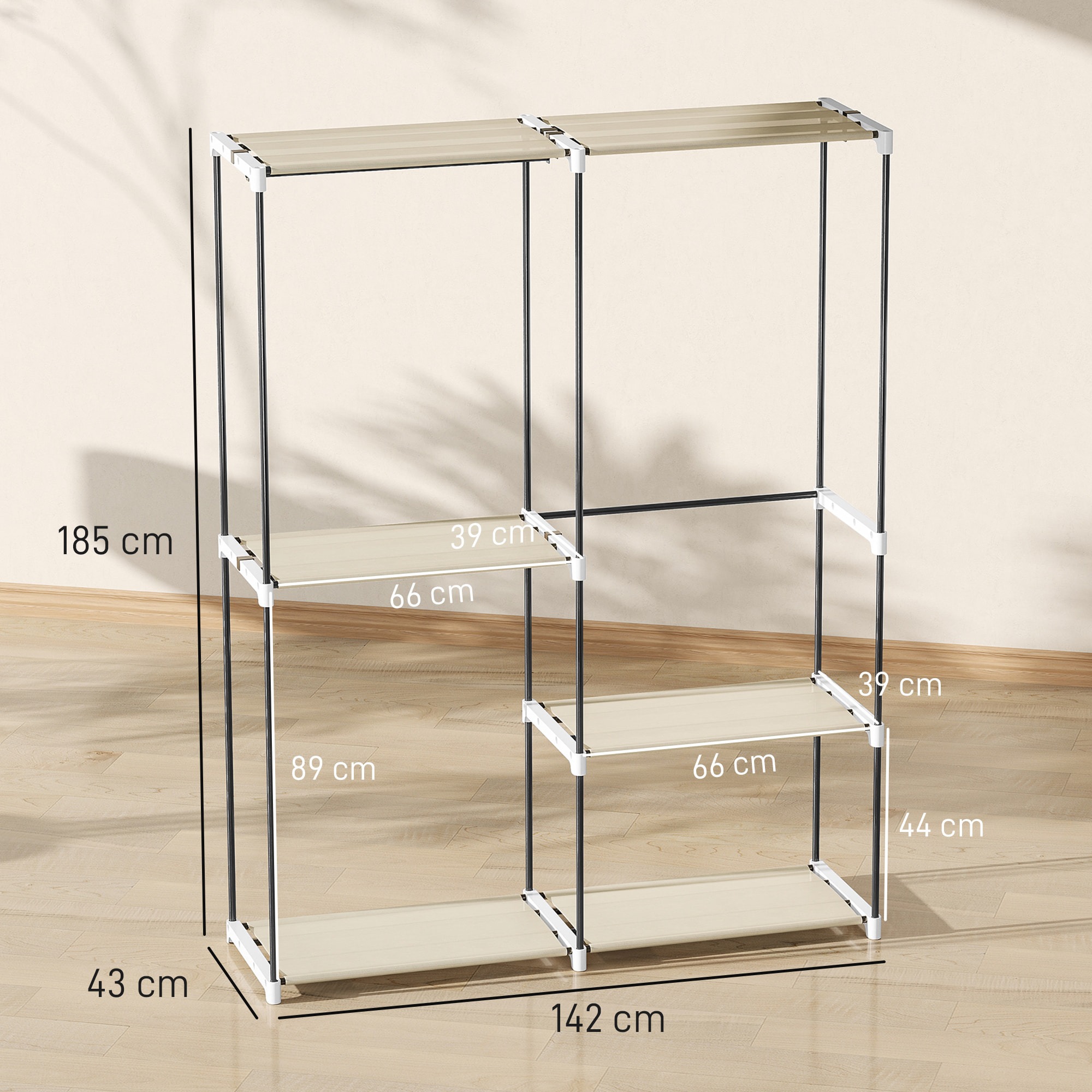 Armario de Ropa, Perchero, 142x43x185 cm, Armario Abierto con 4 Estantes de Tela, 3 Barras para Colgar, Marco de Metal, para Dormitorio, Salón, Vestidor, Crema