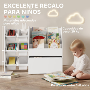 Estantería Infantil para Juguetes, con 6 Cajas Extraíbles, 3 Estantes Abiertos y Cajón Inferior con Ruedas, Organizador de Juguetes para Dormitorio, Sala de Juegos, Guardería, Blanco