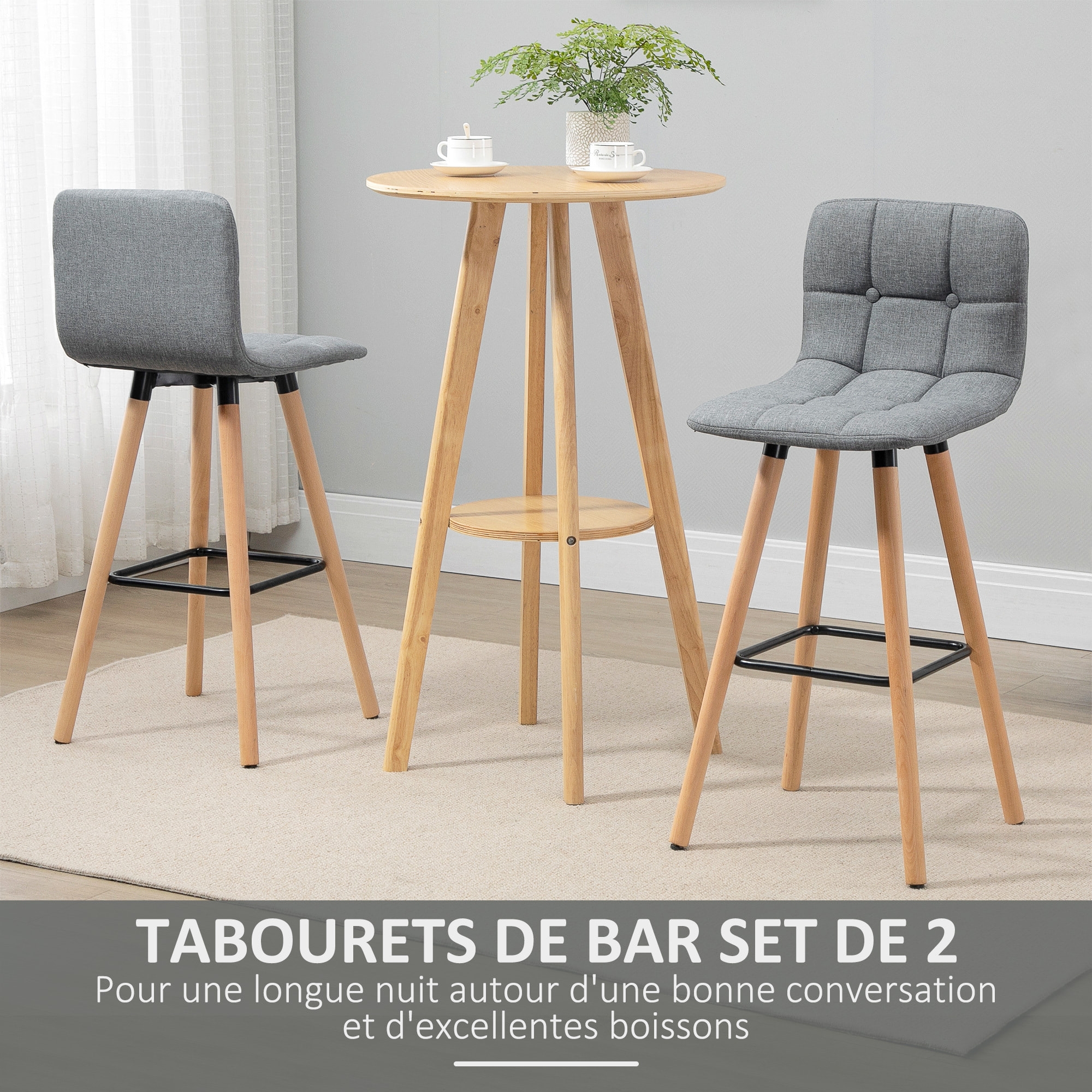 Lot de 2 tabourets de bar style scandinave effet capitonné - chaises de bar - bois effet lin gris