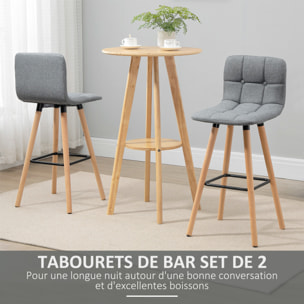 Lot de 2 tabourets de bar style scandinave effet capitonné - chaises de bar - bois effet lin gris